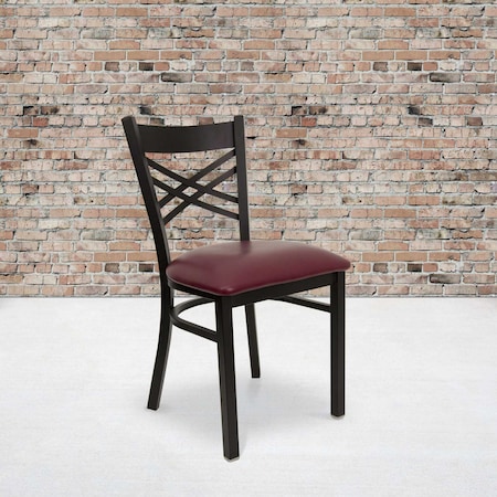 Black ''X'' Back Metal Restaurant Chair,Burgundy Vinyl Seat,PK2