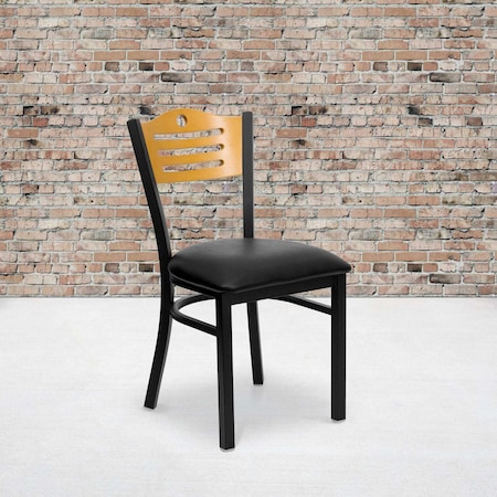 Black Slat Back Metal Chair,Natural Wood Back,Black Vinyl Seat,PK2