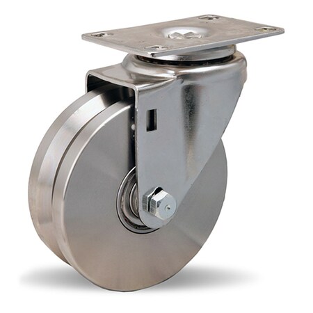 Stainless Steel Swivel Caster, 4 X 1 3/8 Stainless Steel V-Grooved Wheel, 1/2 Delrin Bearing