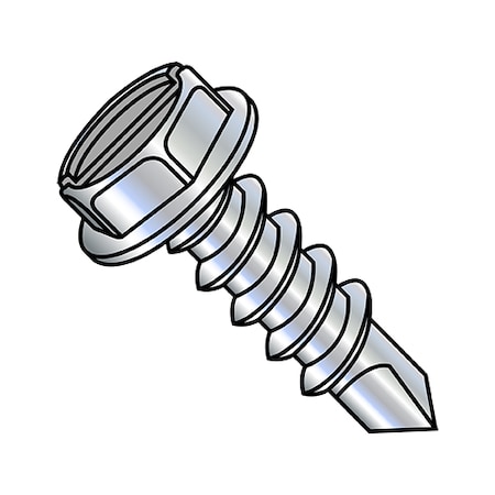 Self-Drilling Screw, #4-24 X 3/8 In, Zinc Plated Steel Hex Head Slotted Drive, 10000 PK