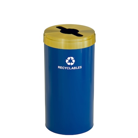 23 Gal Round Recycling Bin, Blue/Satin Brass