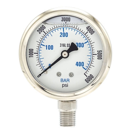 Pressure Gauge, 0 To 6000 Psi, 1/4 In MNPT, Stainless Steel, Silver