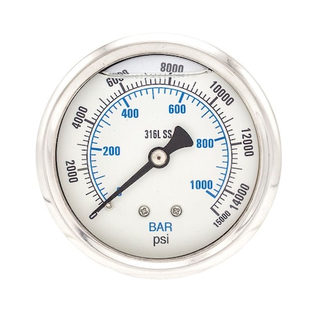 Pressure Gauge, 0 To 15,000 Psi, 1/4 In MNPT, Stainless Steel, Silver