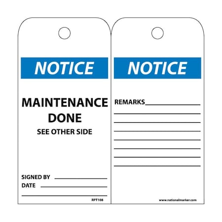 Notice Maintenance Done See Other Side Tag, Pk25