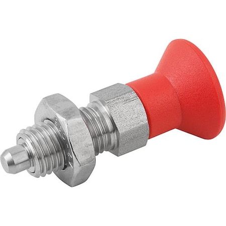 Indexing Plunger Red D1= 3/4-10, D=10, Style B, Non-Lockout W Locknut, Stainless Steel Hardened