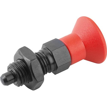 Indexing Plunger Red D1= 5/16-24, D=4, Style B, Non-Lockout W Locknut, Steel Hardened, Knob Plastic