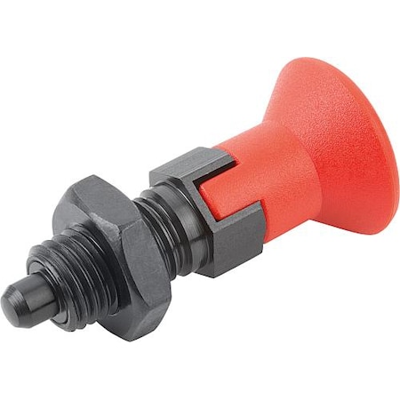 Indexing Plunger Red D1= 1-8, D=16, Style D, Lockout Type W Locknut, Steel Hardened, Knob Plastic