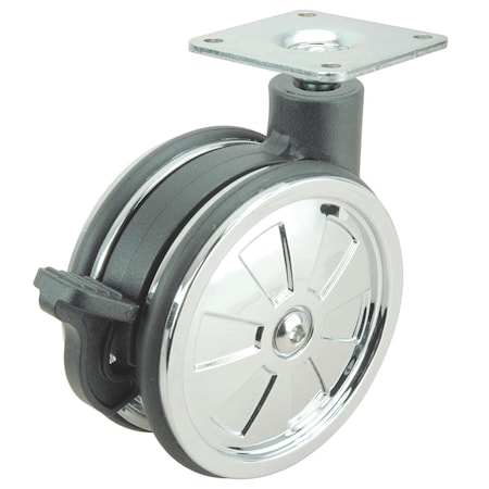 Non-Hooded Twin Wheel Design Caster, Swivel With Brake, With Plate, Black, Chrome