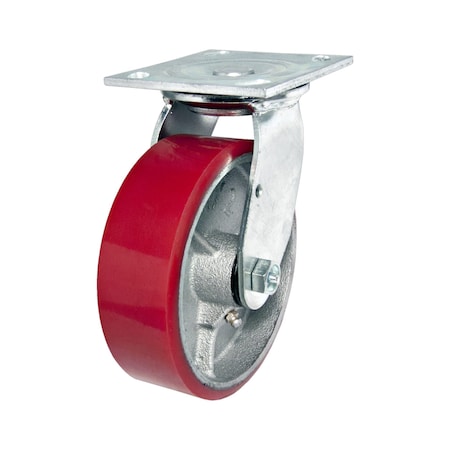 Heavy-Duty Mold‐On Polyurethane Industrial Casters, Swivel Without Brake, With Plate, Red