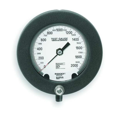 Pressure Gauge, 0 To 2000 Psi, 1/4 In MNPT, Aluminum, Black