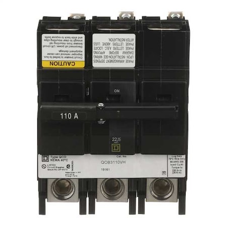 Miniature Circuit Breaker, 110 A, 120/240V AC, 3 Pole, Bolt On Mounting Style, QOB Series