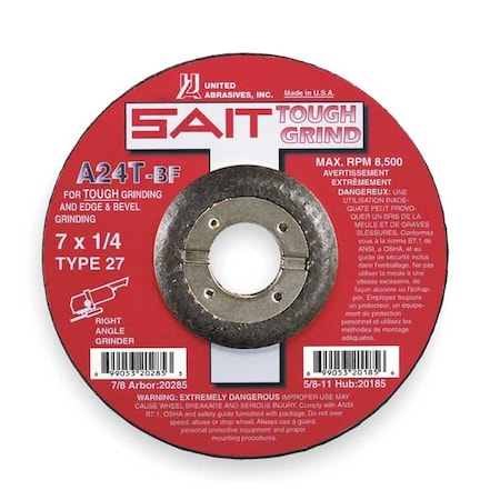 Depressed Center Wheels, 27, 7 Dia, 1/4 Thick, 7/8 Arbor Hole Size, Aluminum Oxide