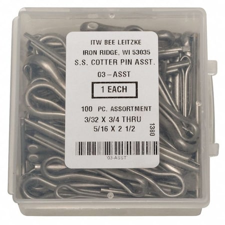 Cotter Pin Asst,18-8,100 Pcs,14 Sizes