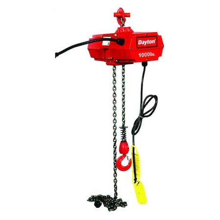 Electric Chain Hoist, 1,000 Lb, 20 Ft, Hook Mounted - No Trolley, Red