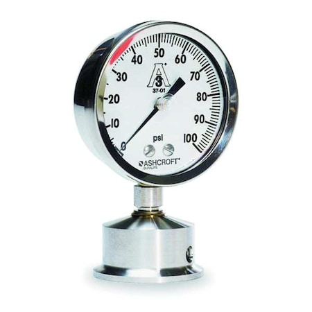 Pressure Gauge, 0 To 30 Psi, 2 In Triclamp, Stainless Steel, Silver