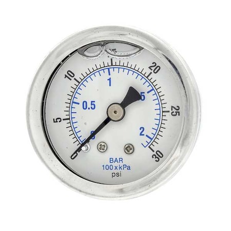 Pressure Gauge, 0 To 30 Psi, 1/8 In MNPT, Stainless Steel, Silver