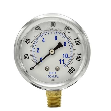 Pressure Gauge, 0 To 160 Psi, 1/4 In MNPT, Stainless Steel, Silver