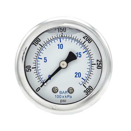 Pressure Gauge, 0 To 300 Psi, 1/8 In MNPT, Stainless Steel, Silver