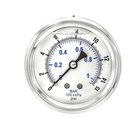 Pressure Gauge, 0 To 15 Psi, 1/4 In MNPT, Stainless Steel, Silver