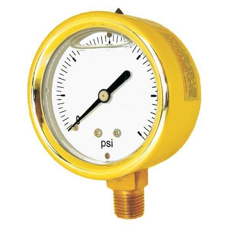 Pressure Gauge, 0 To 30 Psi, 1/4 In MNPT, Brass, Gold