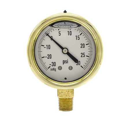 Compound Gauge, -30 To 0 To 30 In Hg/psi, 1/4 In MNPT, Brass, Gold