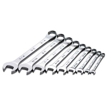 Combo Wrench Set,Chrome,1/4-3/4 In.,9 Pc
