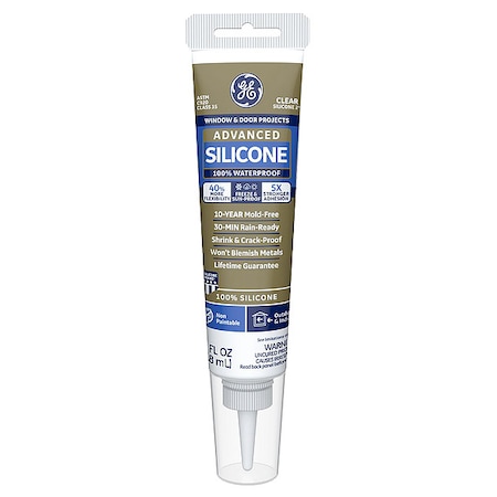 Window & Door Sealant, 2.8 Oz, Tube, Clear, Silicone Base