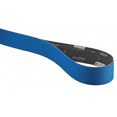 Sanding Belt, Coated, 2 1/2 In W, 60 In L, 120 Grit, Fine, Zirconia Alumina, R823P Bluefire, Blue
