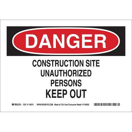 Danger Sign, 10 In Height, 14 In Width, Plastic, Rectangle, English