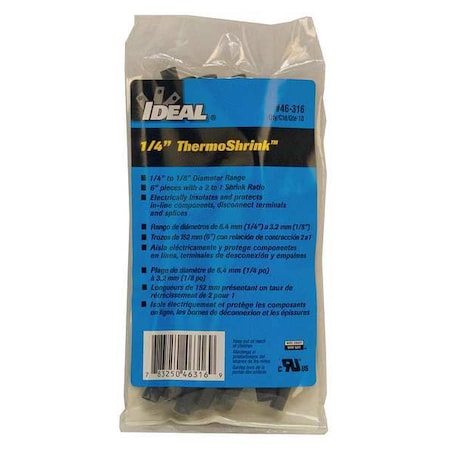 Shrink Tubing,0.268in ID,Black,6in,PK10