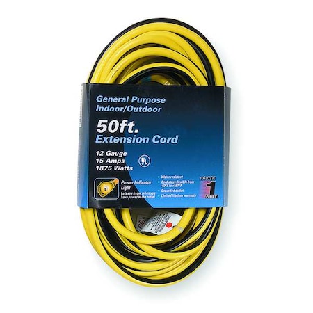Lighted Extension Cord, 12 AWG, 50 Ft, 3 Conductors, SJTW, 125V AC, NEMA 5-15, Yellow/Black Stripe