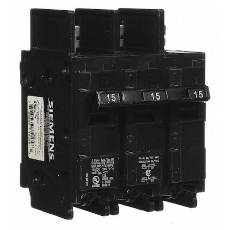 Miniature Circuit Breaker, 15 A, 240V AC, 3 Pole, Bolt On Mounting Style, BQ Series