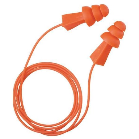 Reusable Corded Ear Plugs, Flanged Shape, 27 DB, 100 Pairs, Orange