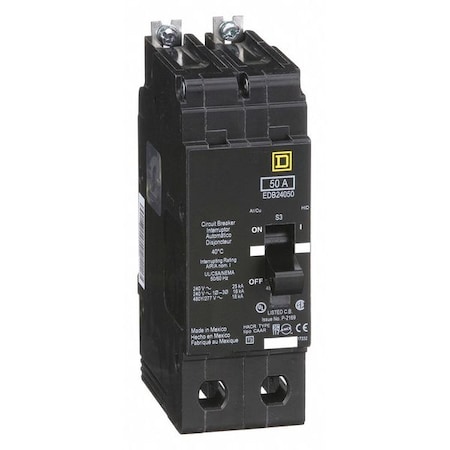 Miniature Circuit Breaker, 50 A, 277/480V AC, 2 Pole, Bolt On Mounting Style, EDB Series