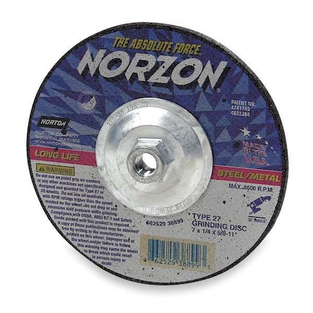 Depressed Center Wheels, Type 27, 7 In Dia, 0.125 In Thick, 5/8-11 Arbor Hole Size, Ceramic