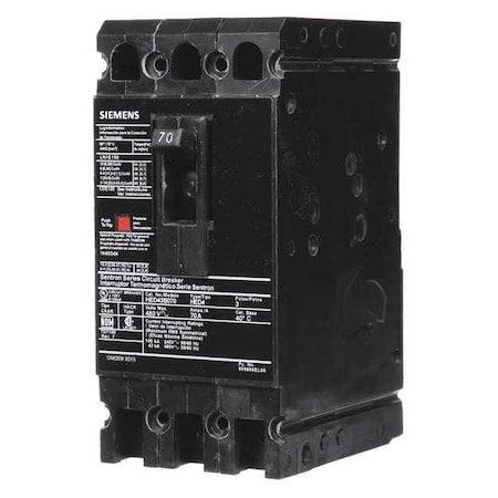 Molded Case Circuit Breaker, 70 A, 480V AC, 3 Pole, Lug In Panelboard Mounting Style, HED4 Series