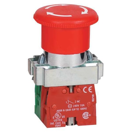 Emergency Stop Push Button, 22 Mm, 1NO/1NC, Red