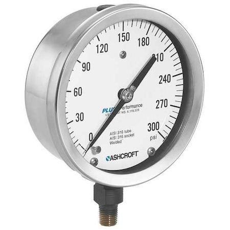 Pressure Gauge, 0 To 1500 Psi, 1/4 In MNPT, Stainless Steel, Silver