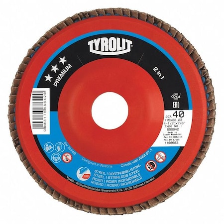 Flap Disc, T29, 4.5 X 7/8, 40 Grit, PK10, Disc Dia.: 4-1/2