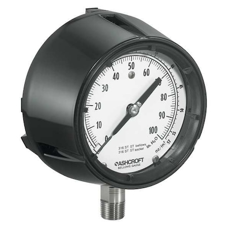 Pressure Gauge, 0 To 60 In Wc, 1/2 In MNPT, Plastic, Black