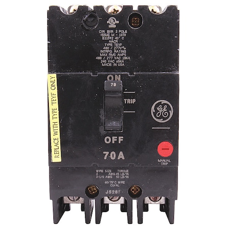 Molded Case Circuit Breaker, 70 A, 277/480V AC, 3 Pole, Bolt On Panelboard Mounting Style
