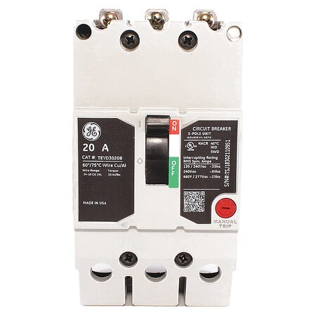 Molded Case Circuit Breaker, 20 A, 277/480V AC, 3 Pole, Bolt On Panelboard Mounting Style