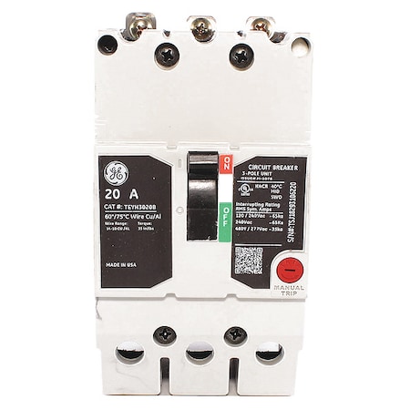 Molded Case Circuit Breaker, 20 A, 277/480V AC, 3 Pole, Bolt On Panelboard Mounting Style