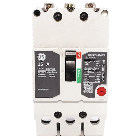 Molded Case Circuit Breaker, 15 A, 277/480V AC, 3 Pole, Bolt On Panelboard Mounting Style