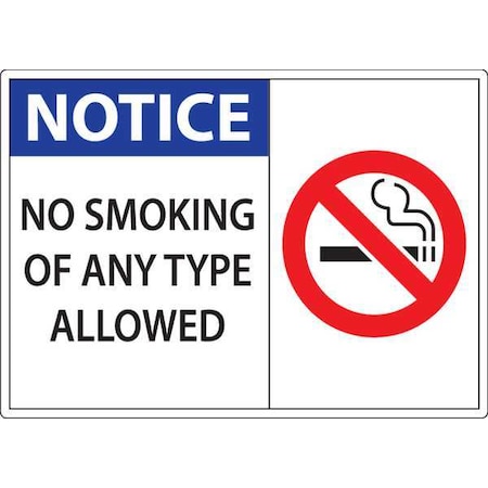 No Smoking Sign, 7 H, 10 W, Plastic, Rectangle, English, 1839S