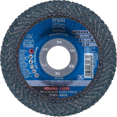 4-1/2 X 7/8 A.H. POLIFAN® Flap Disc - Z SGP CURVE STEELOX, Zirconia, 40 Grit, Medium Radius