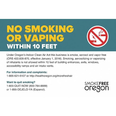 No Smoking Sign, Oregon, 7 In Height, 10 In Width, Aluminum, Rectangle, English