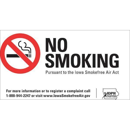 No Smoking Sign, Iowa, 7 H, 10 W, Plastic, Rectangle, English, 1855S
