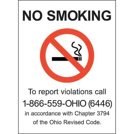 No Smoking Sign, Ohio, 10 In Height, 7 In Width, Aluminum, Rectangle, English