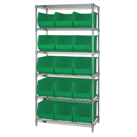 Steel Bin Shelving, 36 In W X 74 In H X 18 In D, 6 Shelves, Green